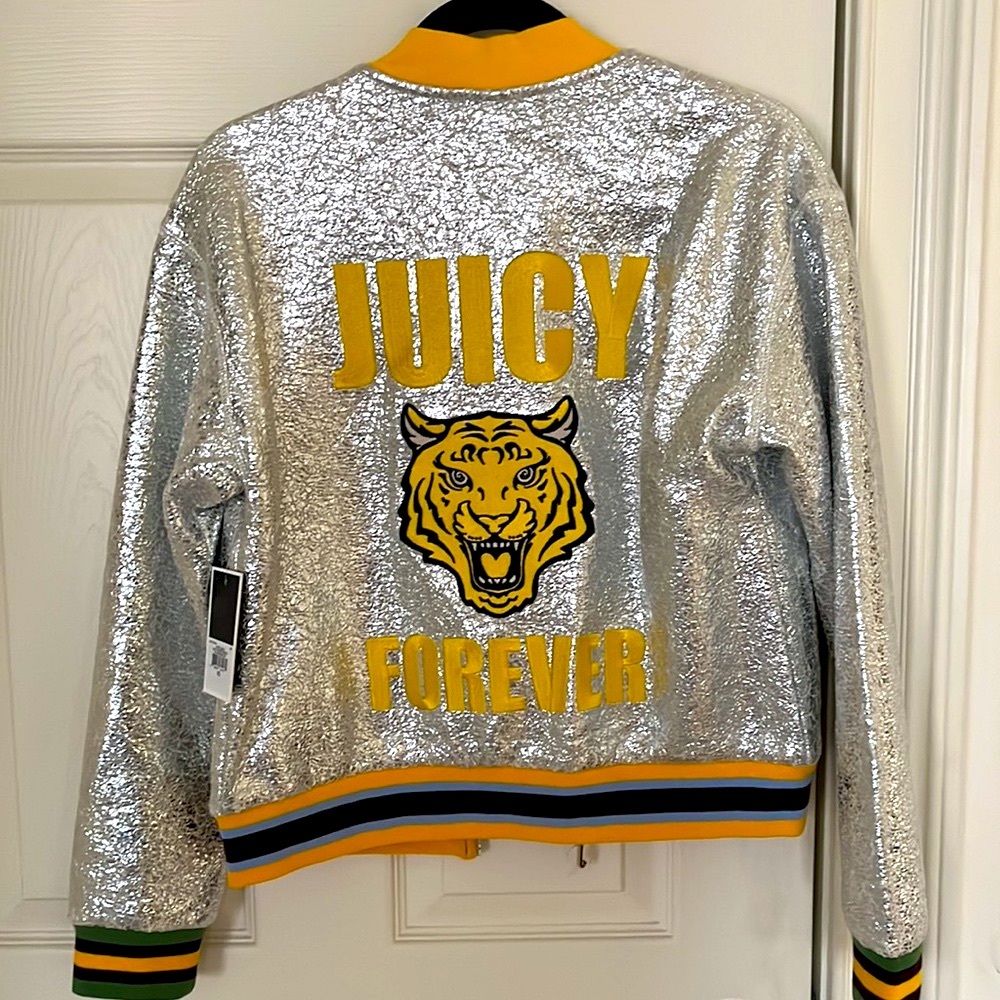 NWT Juicy Couture Black Label crackle silver foil bomber jacket.